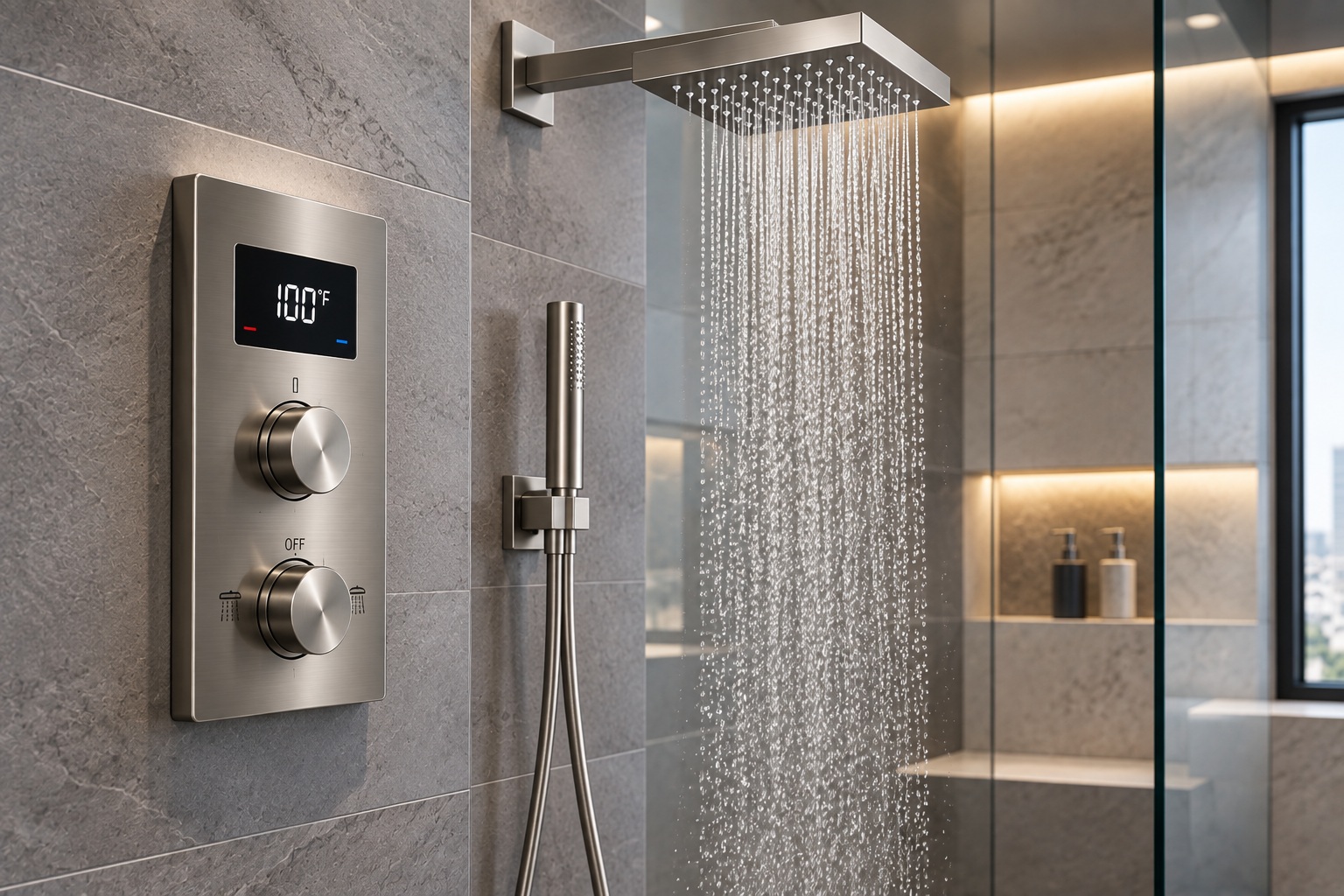Thermostatic shower system for coordinated temperature and water performance control